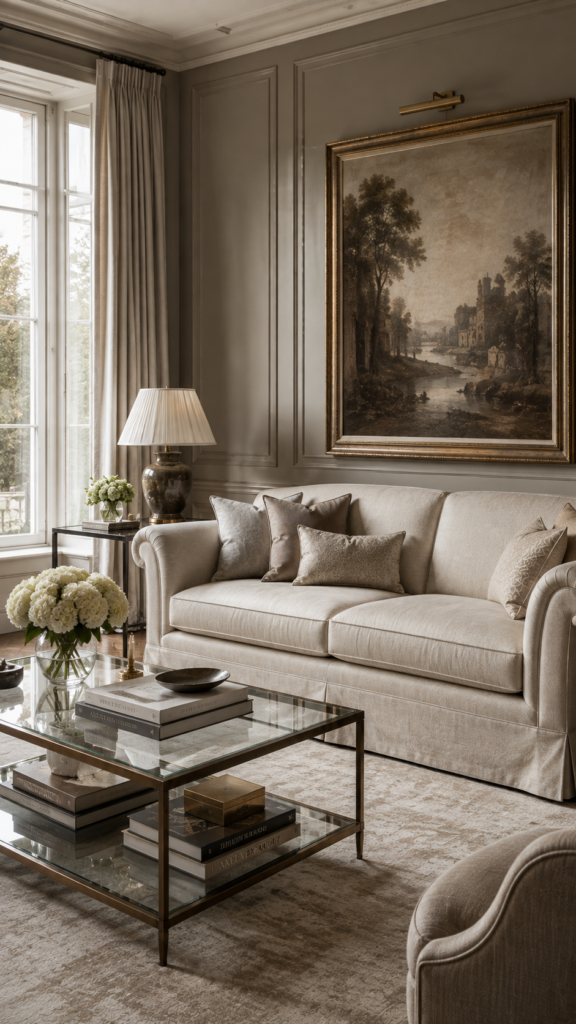 Timeless neutral luxury living room featuring a classic rolled-arm sofa, a glass-topped coffee table, and a neutral color palette.
