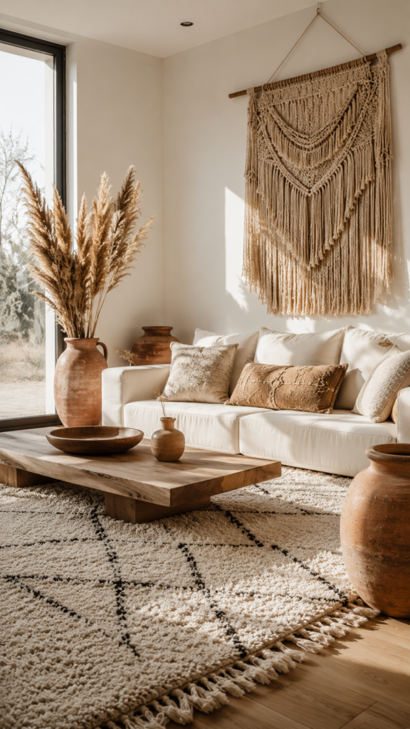 Modern minimalist boho living room featuring a clean cream sofa, macrame wall hanging, and earthy terracotta planters.
