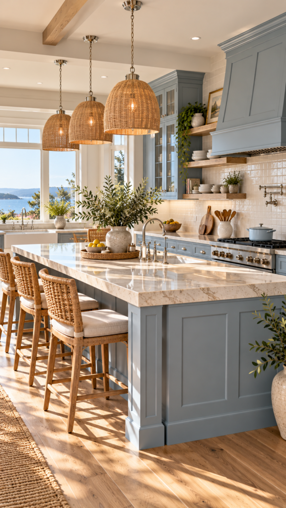 Coastal inspired kitchen using dusty blue cabinets alongside warm sand-colored wood floors and neutral countertops.