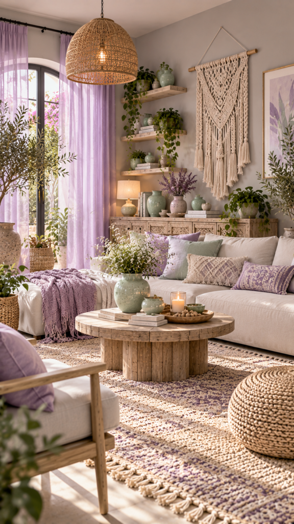 Whimsical pastel boho room with dove gray walls, soft lavender curtains, and mint green ceramics.
