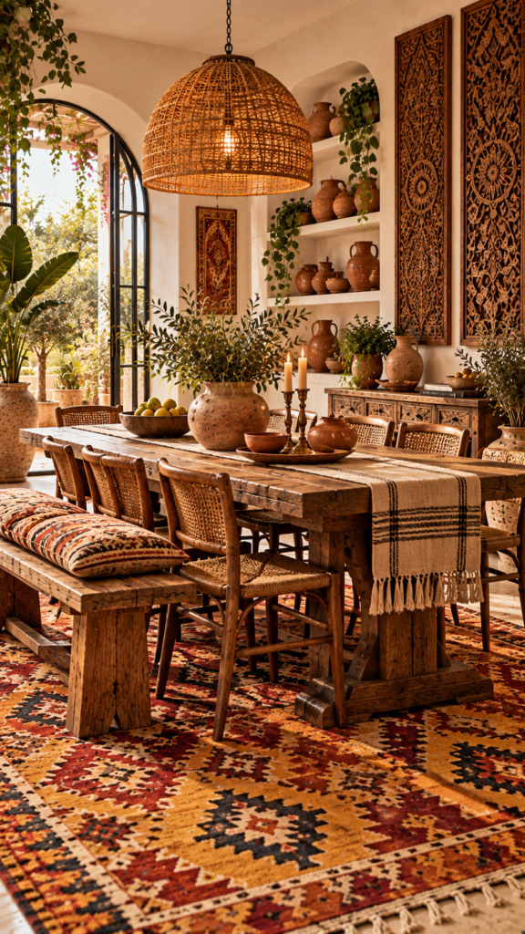 Vibrant boho dining area with bone-white walls and a geometric kilim rug in saffron yellow and rust red.