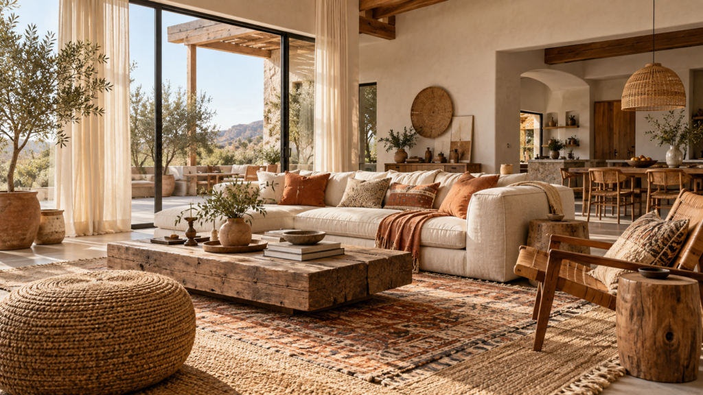 Flat lay interior design mood board showing earthy boho color swatches, natural linen, and dried pampas grass.