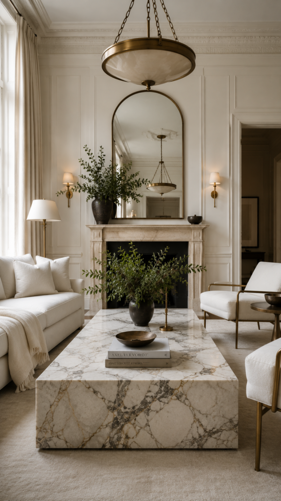 Elegant luxury living room centered around a heavily veined Calacatta marble coffee table and warm brass accents.
