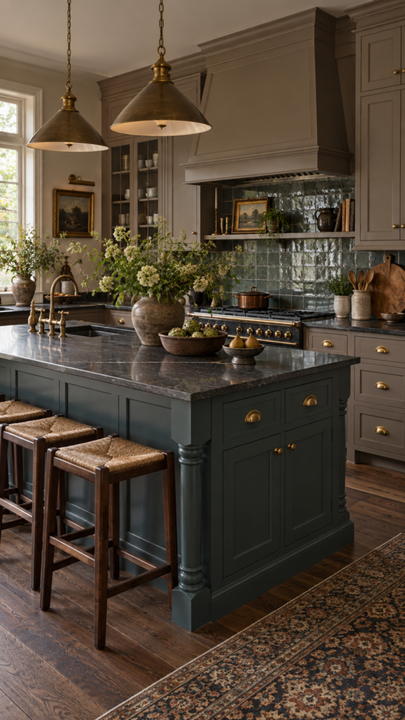 Traditional heritage kitchen featuring warm mushroom taupe cabinets and a muted teal kitchen island with a glossy tile backsplash.