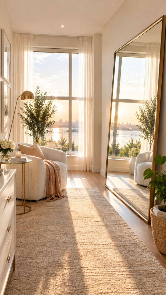 A large floor mirror leaning against a wall, perfectly reflecting natural light from a nearby window to create more visual space.