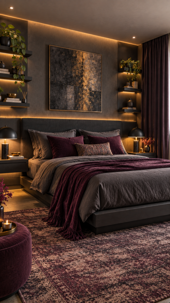Dark and moody contemporary bedroom with charcoal gray walls, matte black furniture, and warm ambient LED lighting.