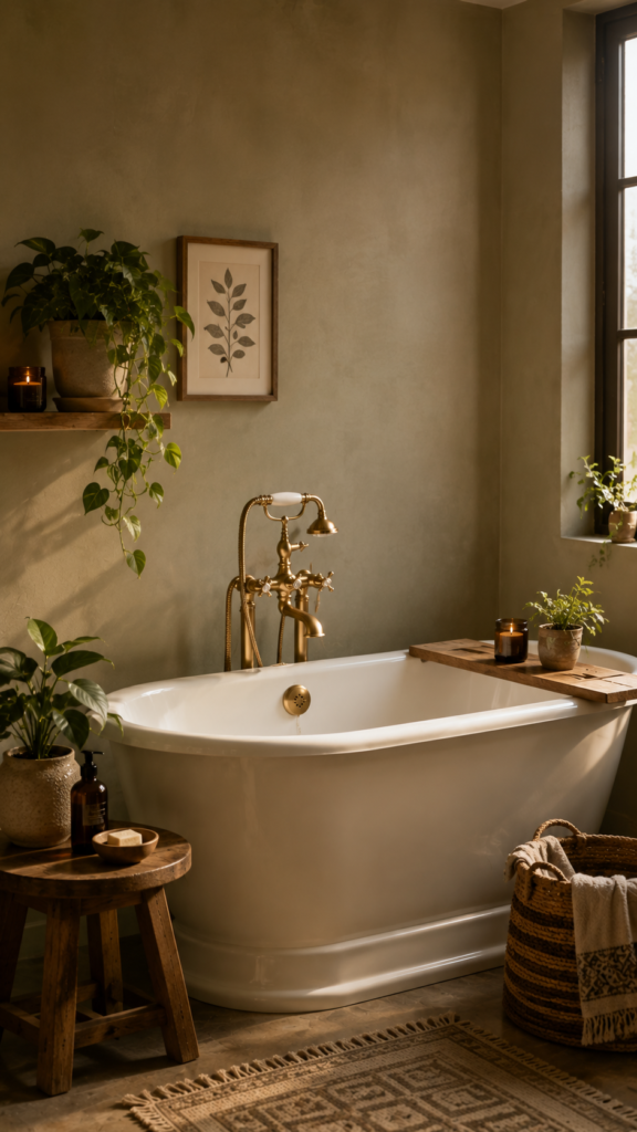 Bohemian bathroom filled with lush hanging green plants, warm brass fixtures, and natural wood accents.