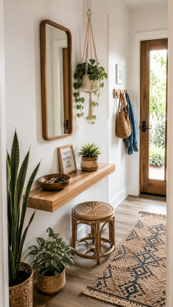 Small vertical entryway utilizing a floating wood shelf, trailing hanging plants in macrame, and a rattan stool.