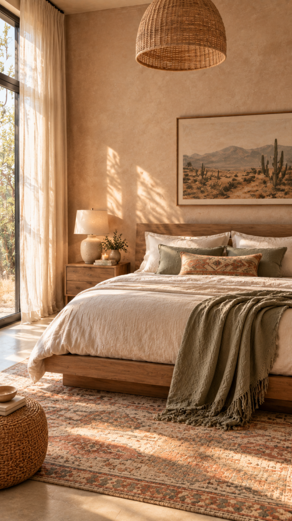 Soft desert modern bedroom with faux plaster walls, peach and sand tones, and a decorative indoor cactus plant.