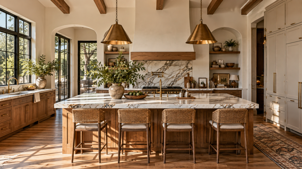 Beautiful modern kitchen interior showcasing a balanced color combination with elegant cabinetry, wood accents, and natural sunlight.