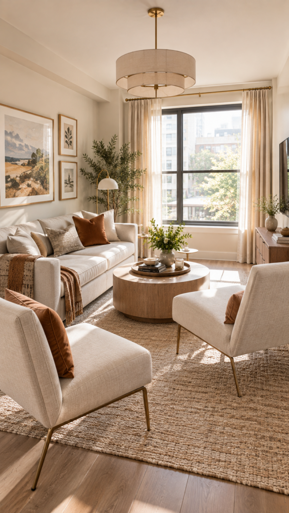A properly scaled small living room featuring an apartment-sized modern sofa and slim armless chairs for spacious gatherings.