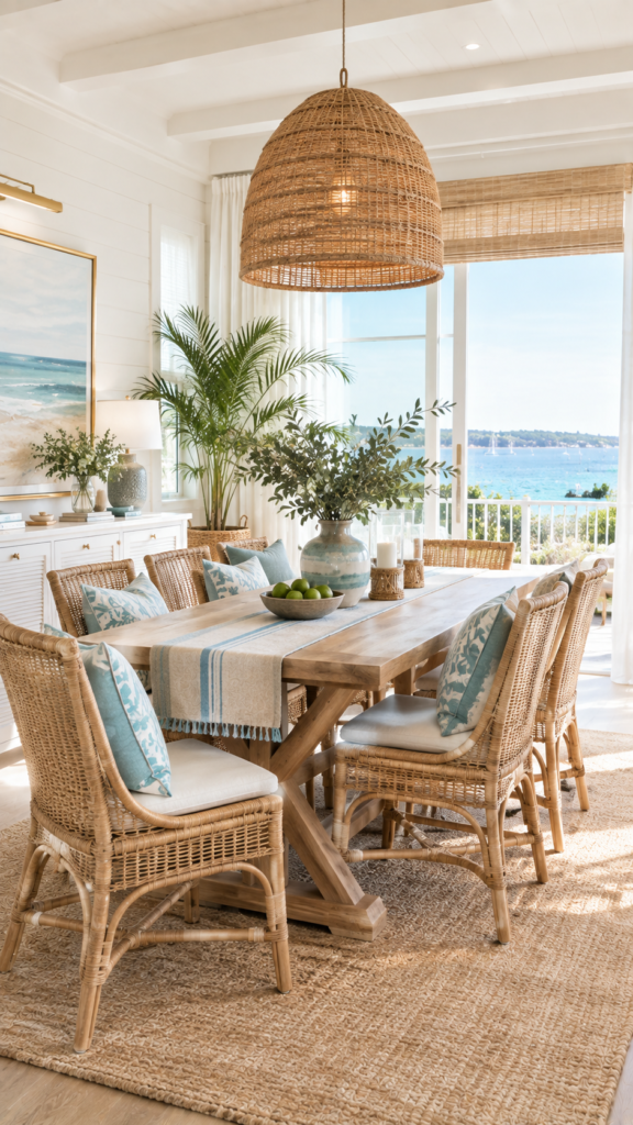 Clean coastal dining room with soft seafoam blue accents, crisp white walls, and natural rattan chairs.