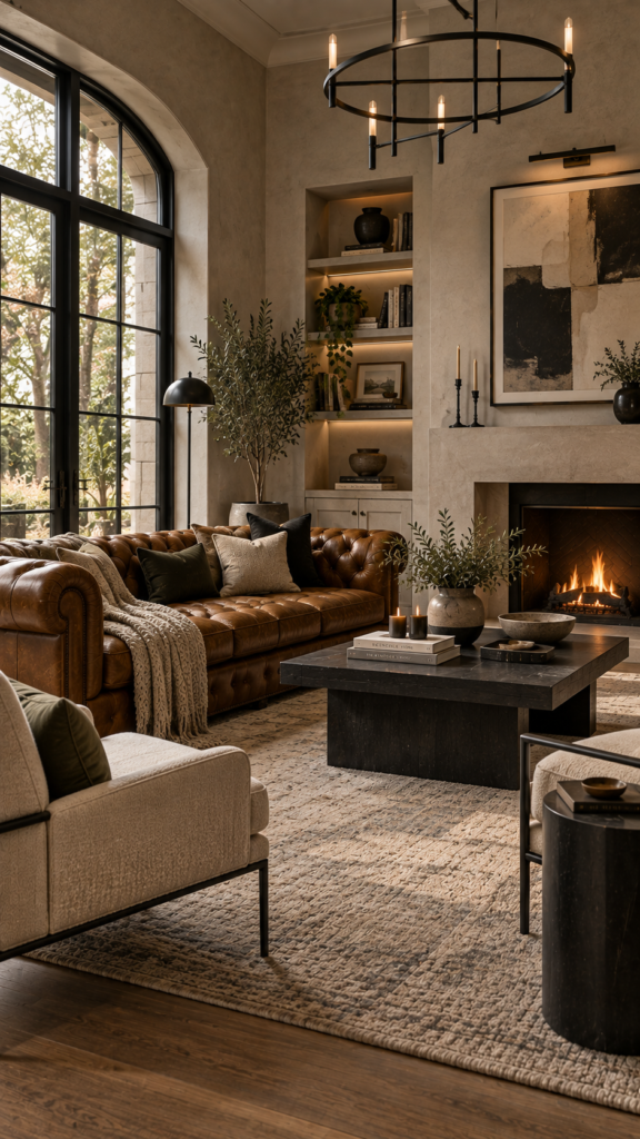 A refined living room with textured greige walls, a tufted cognac leather sofa, and high-contrast black hardware