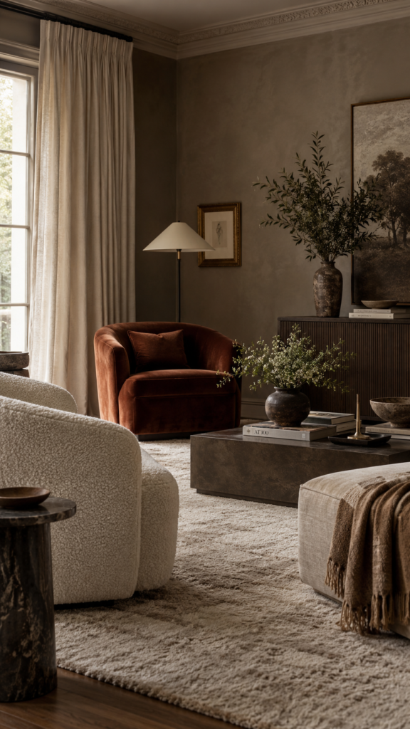 A sophisticated living room layered with moody taupe walls, ivory linen curtains, and a muted rust velvet accent chair.