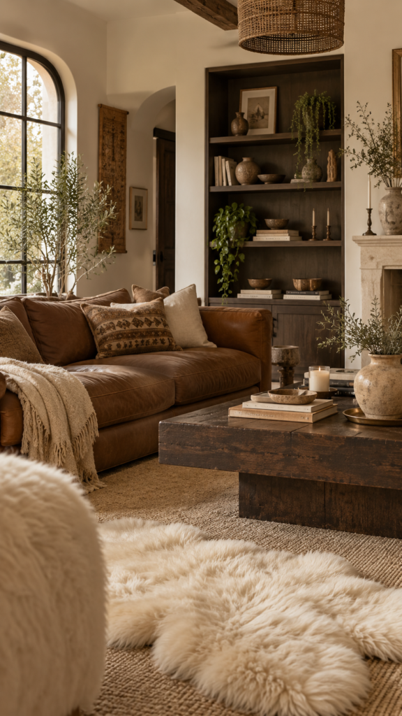 Monochromatic boho living room layering a caramel leather sofa, dark coffee wood, and cream wool rugs.