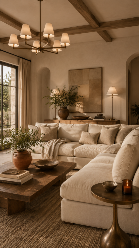 Warm neutral luxury living space with creamy walls, a plush cream sectional, and bronze lighting.