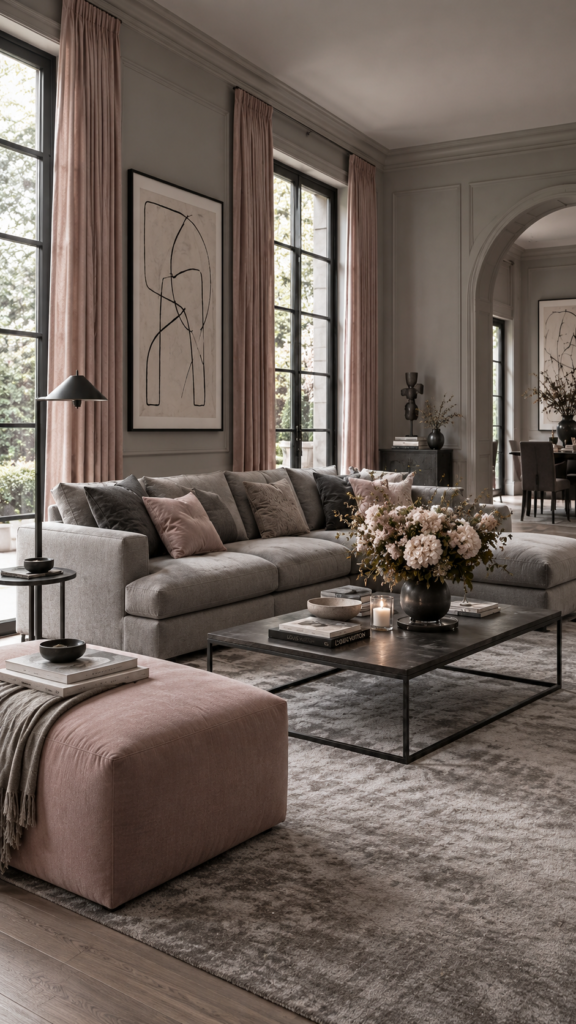 A modern living room featuring soft gray walls, dusty blush pink drapery, and sharp charcoal metal accents.