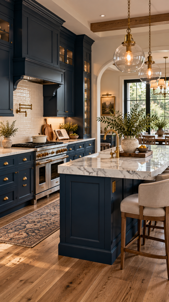 Transitional kitchen design displaying deep navy blue shaker cabinets contrasted with warm brass hardware and marble countertops.