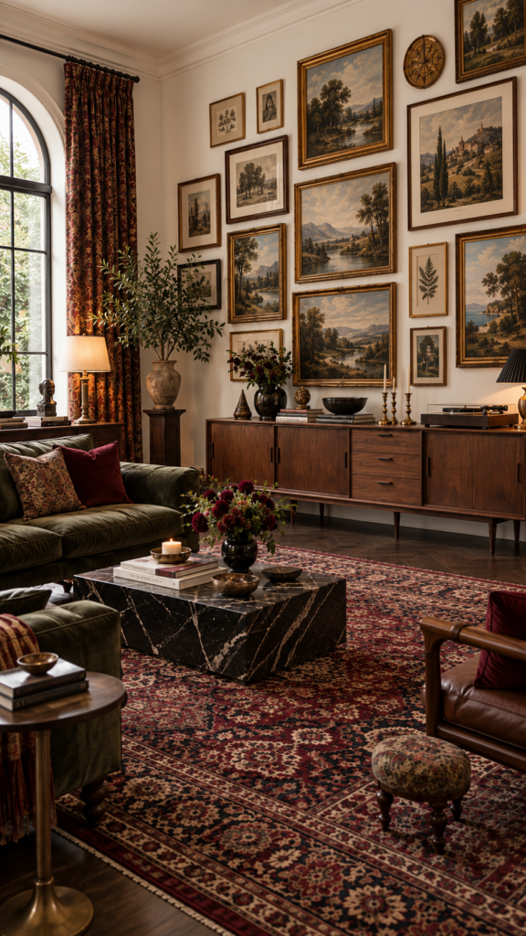 A historic living room with bright white walls, a mid-century walnut credenza, and a large vintage burgundy rug