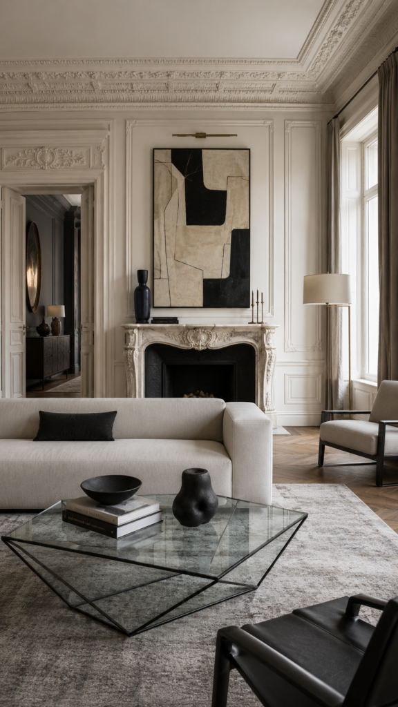Classic contemporary living room combining a traditional stone fireplace with sleek modern geometric furniture.