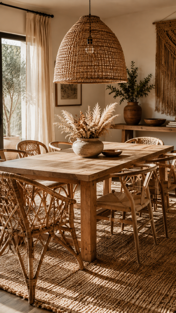 Sunlit boho dining room with a light raw wood table, rattan chairs, and a large woven pendant light.
