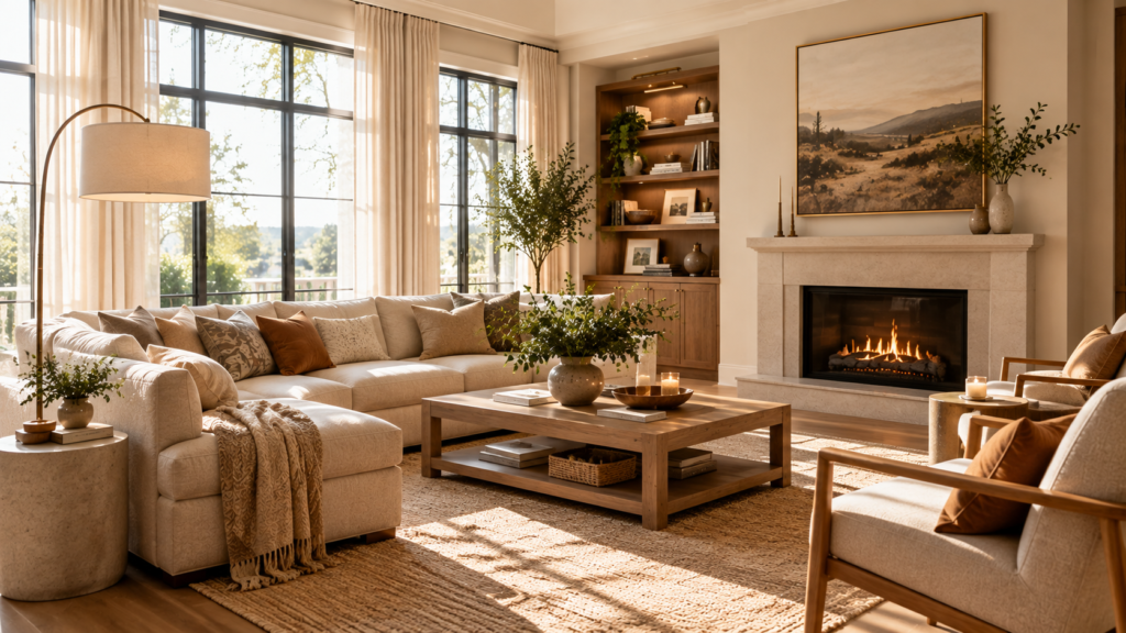 Beautiful warm living room demonstrating a cohesive home color palette with natural light and balanced decor.