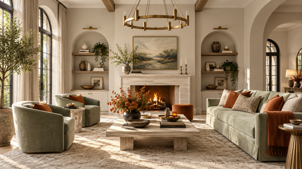  A welcoming and cohesive living room showcasing the 60-30-10 color rule with a beautifully balanced mix of dominant, secondary, and accent colors.