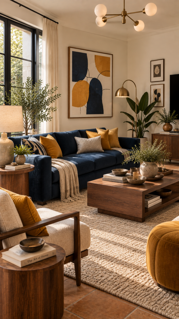 A mid-century modern living room with a low-profile navy sofa and bright mustard yellow accent pillows against cream walls.