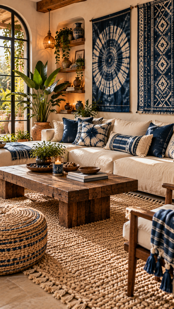 Casual bohemian lounge with indigo blue tie-dye pillows, a canvas sofa, and a large woven jute rug.