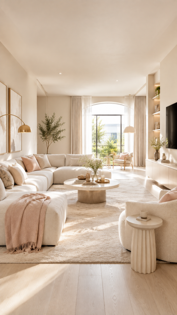 A contemporary living room painted in soft beige and crisp white to reflect light and make the small space look larger.