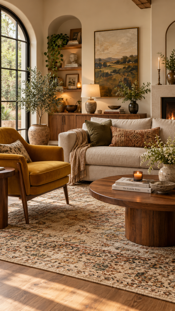 A contemporary beige sofa and a vintage mustard yellow chair tied together by an earthy color palette.