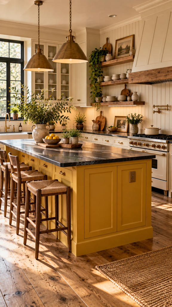 Modern farmhouse kitchen combining creamy off-white perimeter cabinets with a mustard yellow kitchen island and a beadboard backsplash.