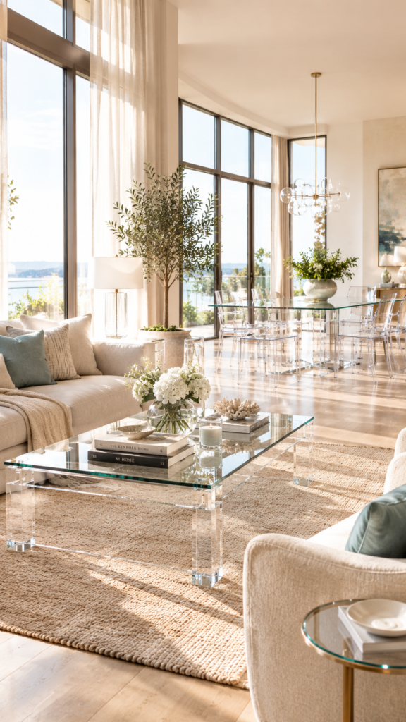 A chic interior featuring a clear glass coffee table and acrylic chairs that keep sightlines open for a light and airy interior.