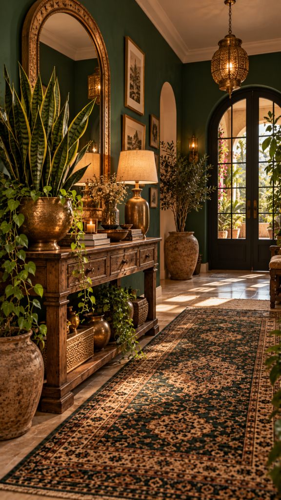 Dramatic bohemian entryway with lush emerald green walls, an antique brass console table, and a snake plant.