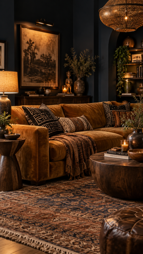 Moody boho living room featuring dark midnight blue walls and a warm ochre golden-brown velvet sofa.