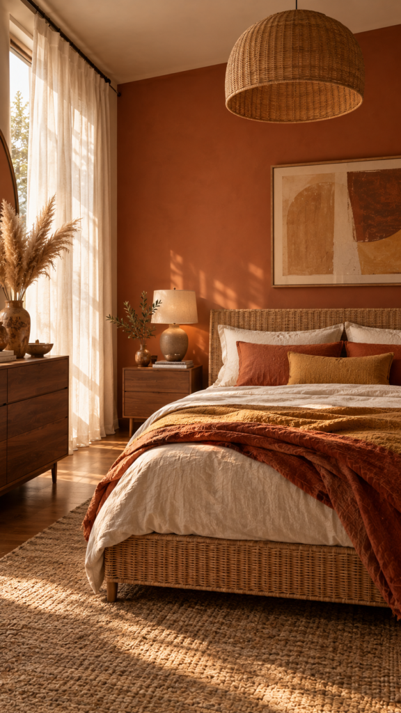Earthy modern bedroom decor with terracotta walls, rattan furniture, and warm brown cozy textiles.