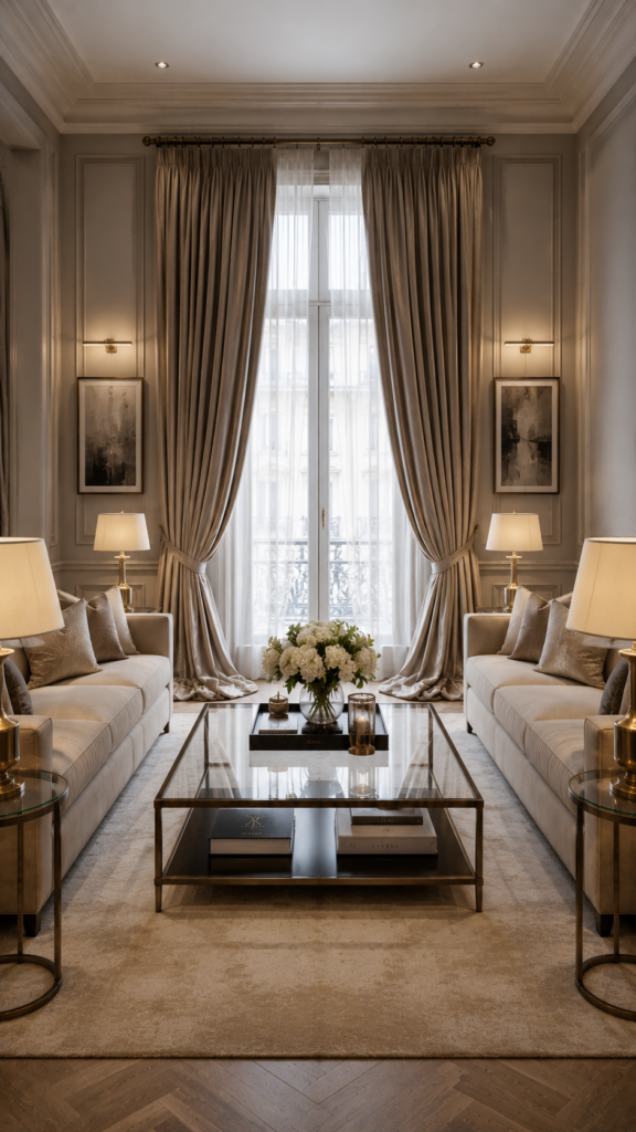 Hotel-Inspired luxury living room with perfectly symmetrical facing sofas, tall custom drapes, and matching table lamps.