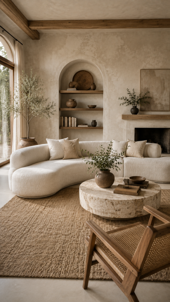 Soft organic luxury living room showcasing a curved crescent sofa, limewash walls, and a round travertine coffee table.