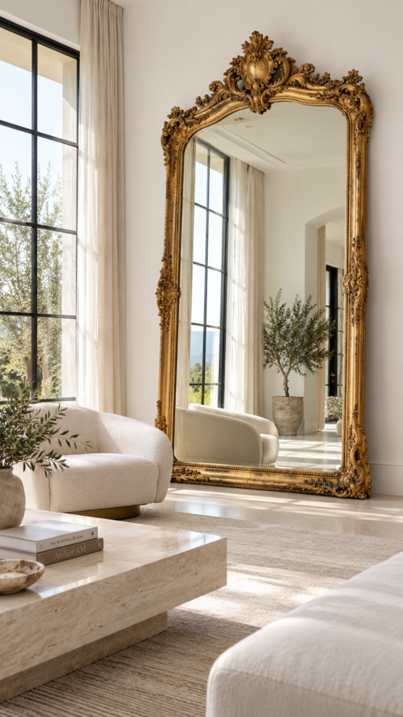 A contemporary minimalist room anchored by one massive, ornate antique gold mirror.