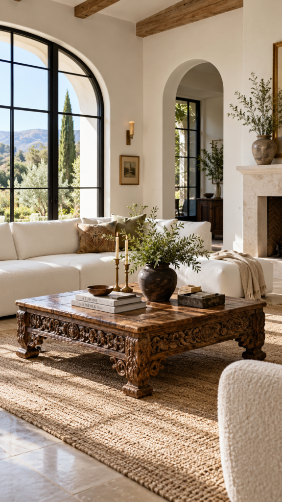 A modern white sofa paired with a vintage carved wood coffee table.