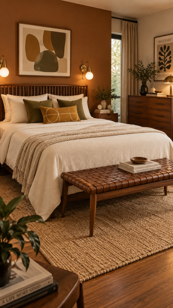 Mid-century modern bedroom featuring a warm caramel accent wall, a slatted walnut wood headboard, and creamy ivory bedding.