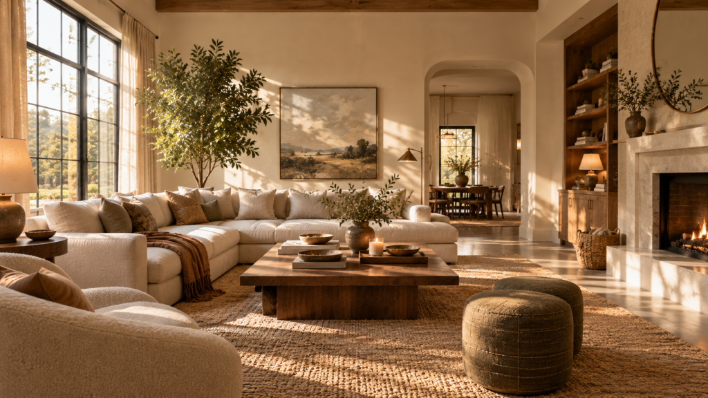  A stunning, elegant modern living room bathed in natural sunlight, featuring an upscale design with a cohesive neutral color palette.