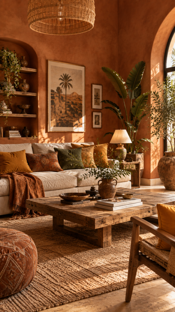 Warm earthy living room color palette featuring terracotta walls, muted mustard pillows, and natural wood furniture.