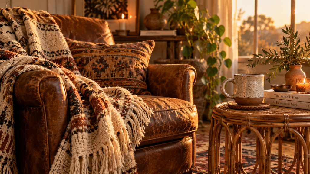 Close-up of boho living room textures showing a fringed wool blanket, a worn leather chair, and natural rattan elements.
