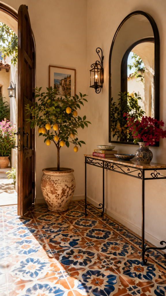 Sunny Mediterranean entryway with bold patterned floor tiles, an arched mirror, and a potted indoor citrus tree.