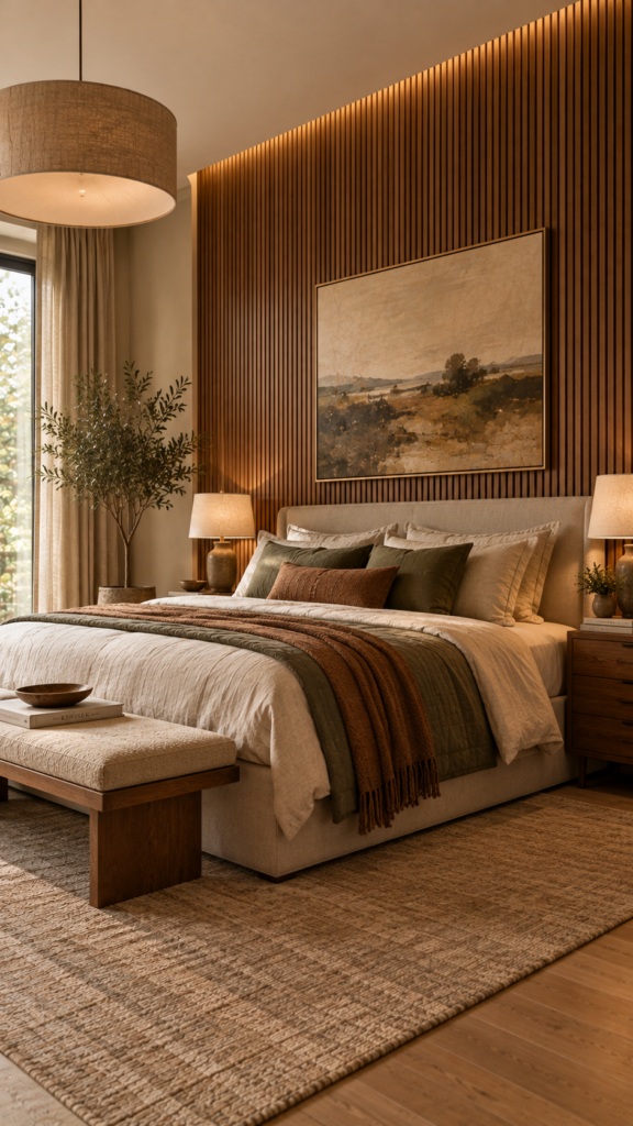  A vertical wood slat accent wall in warm earthy tones behind an elegant bed in a modern bedroom.
