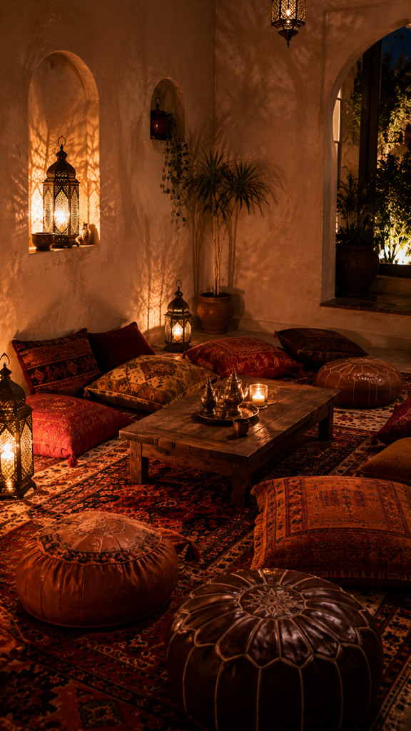 Cozy Moroccan inspired floor seating area with colorful plush cushions, leather poufs, and glowing brass lanterns.