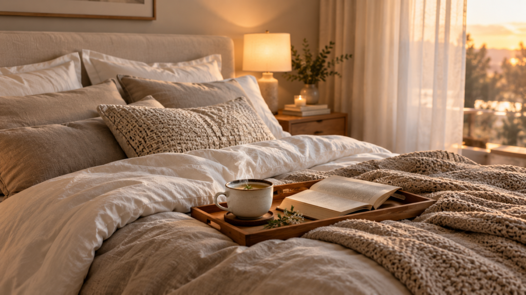 A cozy modern bedroom setting featuring a perfectly styled bed with a wooden tray, a steaming cup of tea, and an open book, surrounded by warm ambient lighting.