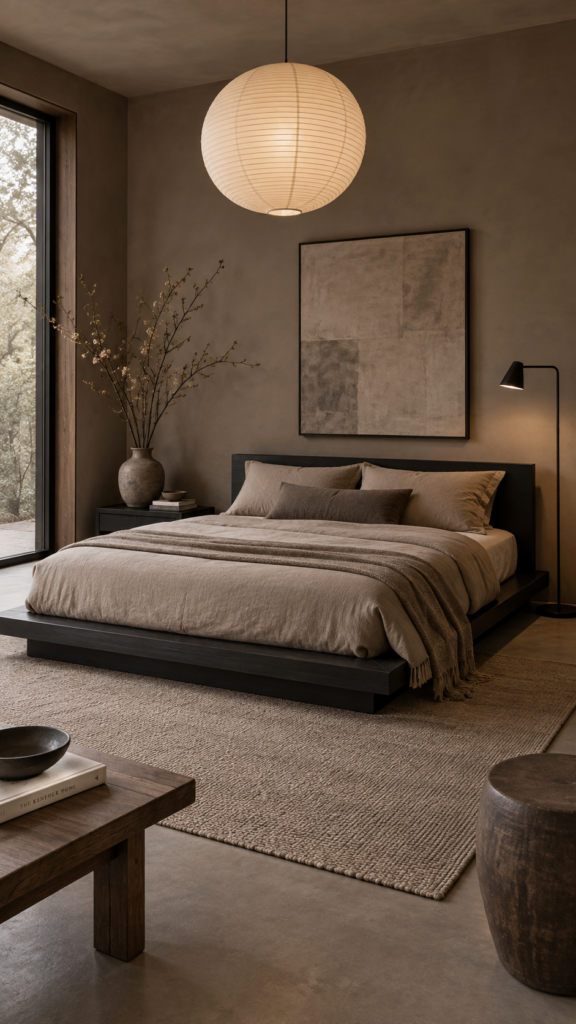 Japandi style minimalist bedroom with earthy taupe walls, a low-profile matte black bed, and clean architectural lines.