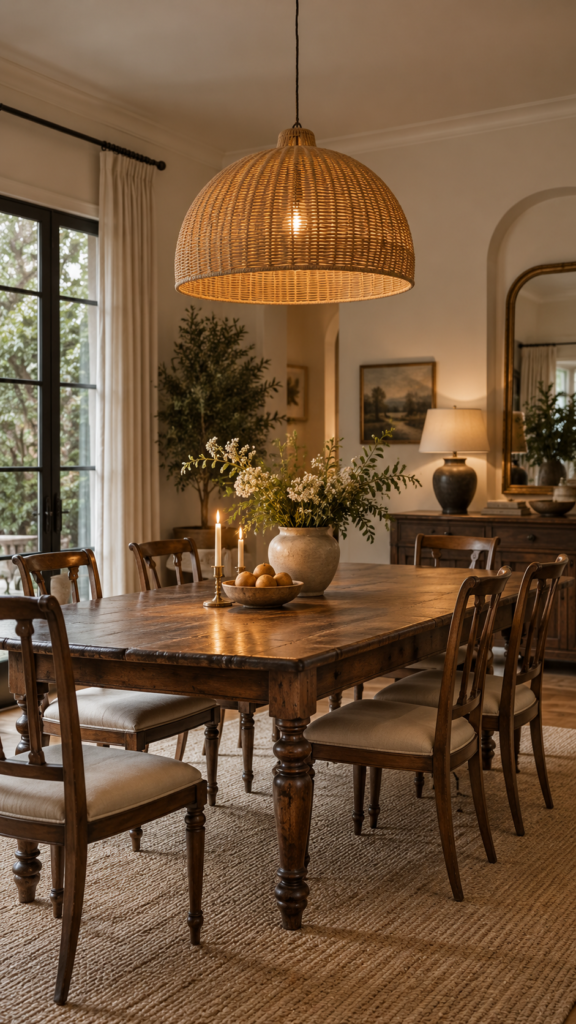 A modern woven rattan pendant light hanging above a vintage wooden dining table.